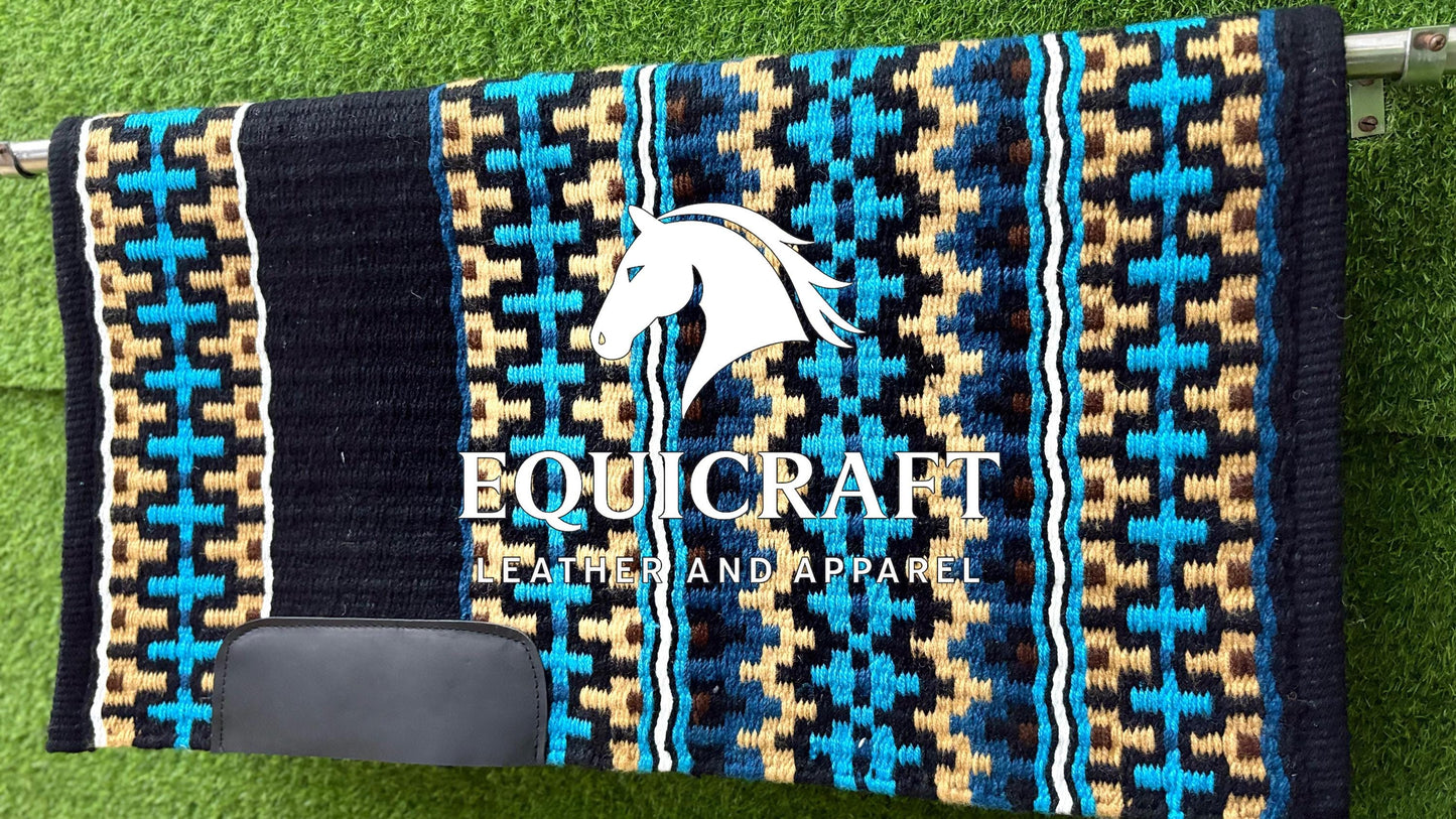 Aztec Western Show Saddle Pad | Black Turquoise Tan Wool Blanket | Hand-Woven Southwestern Horse Saddle Pad | Trail Pad Equestrian Gift