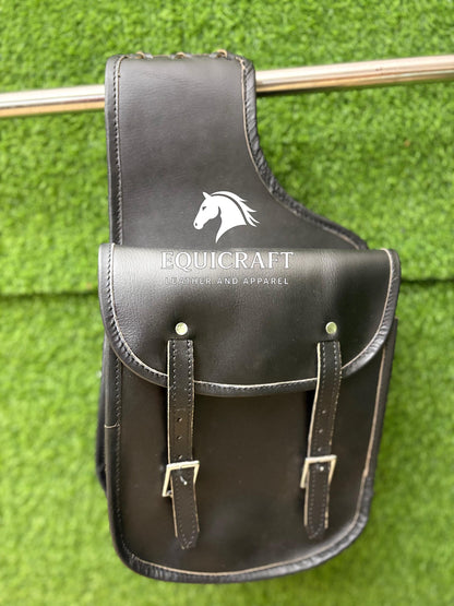Black Leather Western Saddle Bag – Small Double Buckle Horse Trail Bag | Braided Edge Cowboy Riding Tack