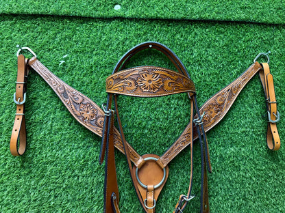 Tan Floral Tooled Leather Western Headstall & Breast Collar Set – Plain Silver Hardware Horse Tack | Barrel Racing Rodeo