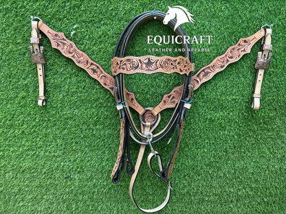 Tan Black Floral Tooled Leather Western Headstall & Breast Collar Set – Antique Concho Horse Tack | Barrel Racing Rodeo