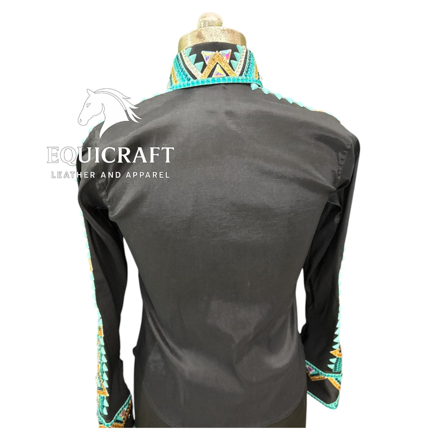 Womens Western Show Shirt | Black Turquoise Gold Rhinestone Showmanship Shirt | Ladies Crystal Yoke Rodeo Queen Blouse | Horse Show Shirt