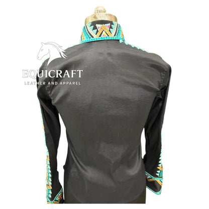 Womens Western Show Shirt | Black Turquoise Gold Rhinestone Showmanship Shirt | Ladies Crystal Yoke Rodeo Queen Blouse | Horse Show Shirt