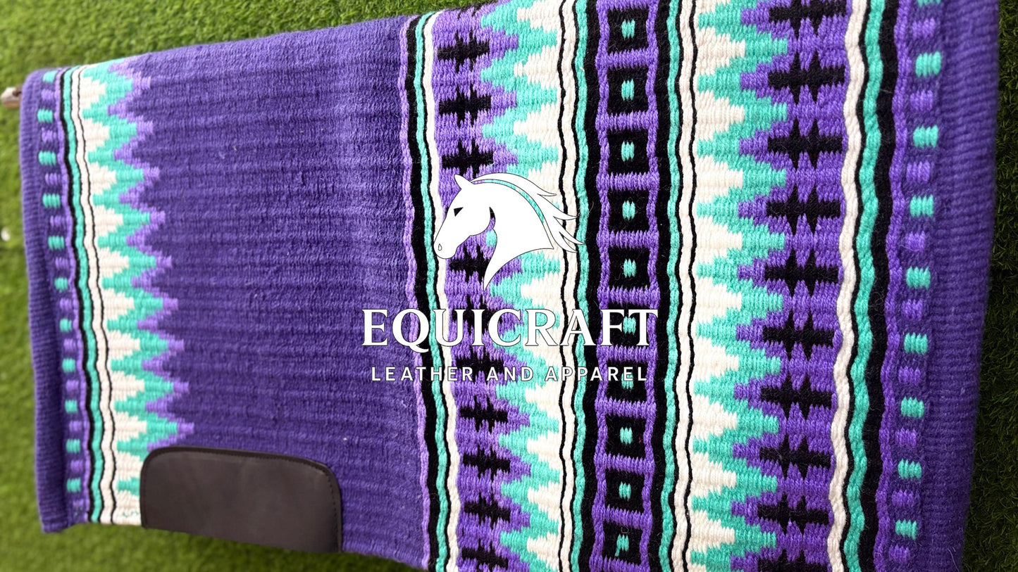 Purple Turquoise Wool Western Saddle Pad – Aztec Stripe Show Pad | Horse Blanket Barrel Racing Rodeo Ranch Tack