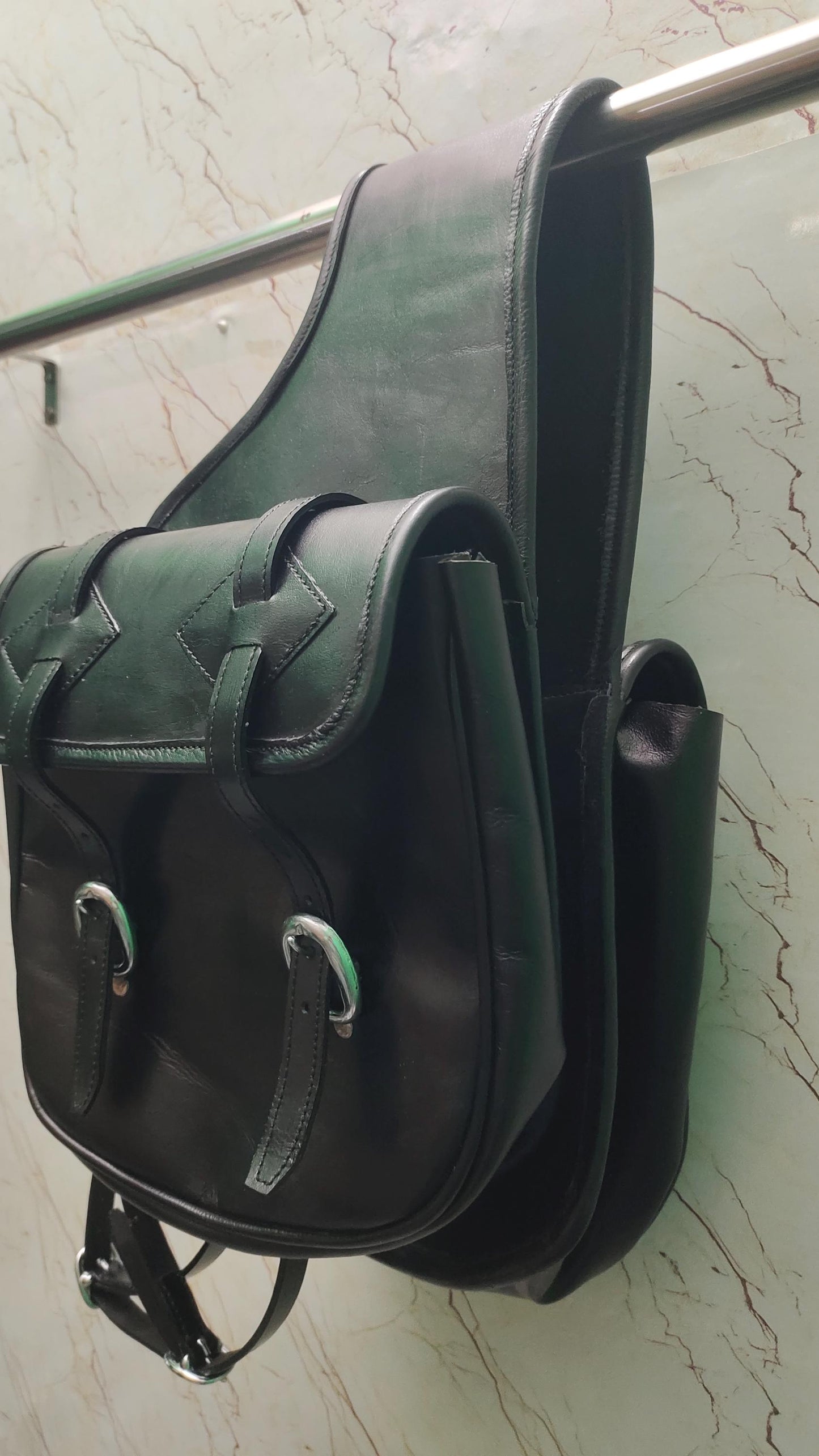 Black Leather Western Saddle Bag – Plain Heavy Duty Horse Trail Bag | Double Buckle Cowboy Riding Tack