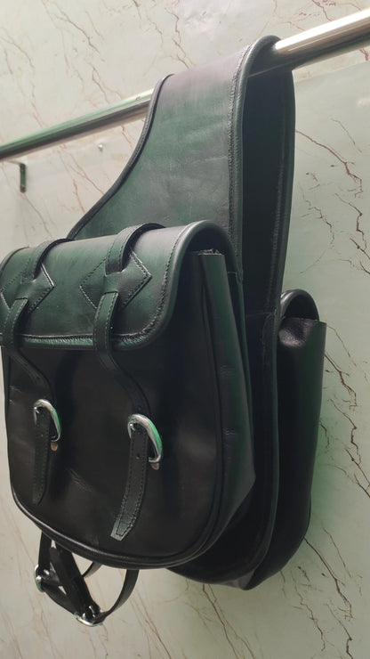 Black Leather Western Saddle Bag – Plain Heavy Duty Horse Trail Bag | Double Buckle Cowboy Riding Tack