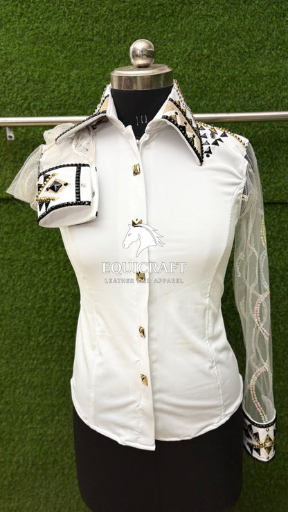 Womens Western Show Shirt | White Black Gold Rhinestone Tulle Sleeve Showmanship Shirt | Ladies Rodeo Queen Blouse | Horse Show Shirt Gift