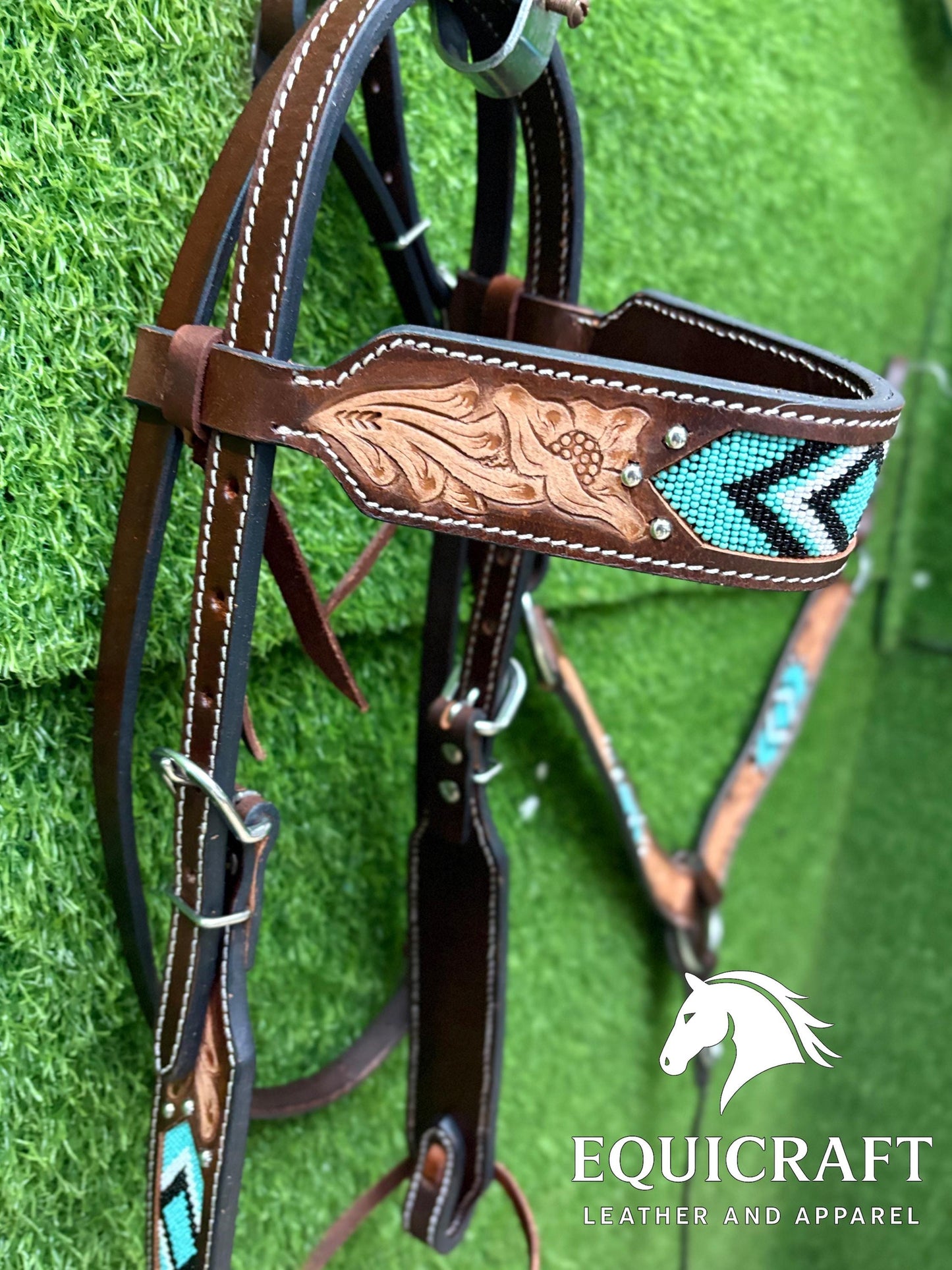 Turquoise Beaded Western Headstall & Breast Collar Set – Aztec Diamond Tooled Leather Horse Tack | Barrel Racing Rodeo
