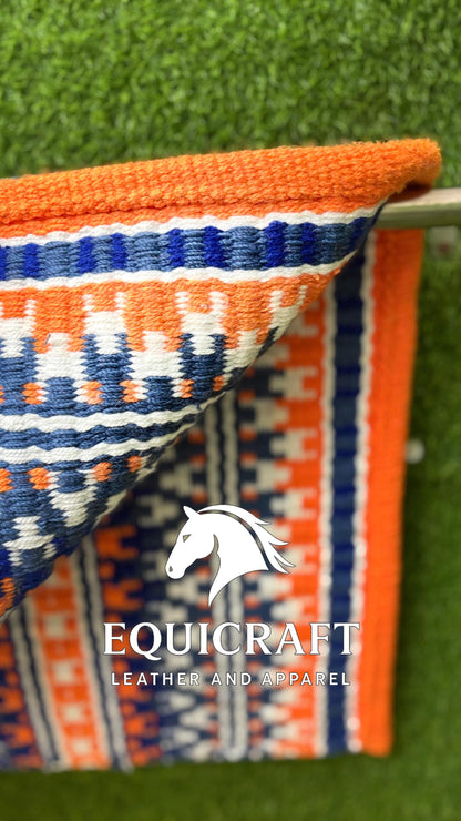 Aztec Western Show Saddle Pad | Orange Blue White Wool Blanket | Hand-Woven Southwestern Horse Saddle Pad | Trail Pad Equestrian Gift