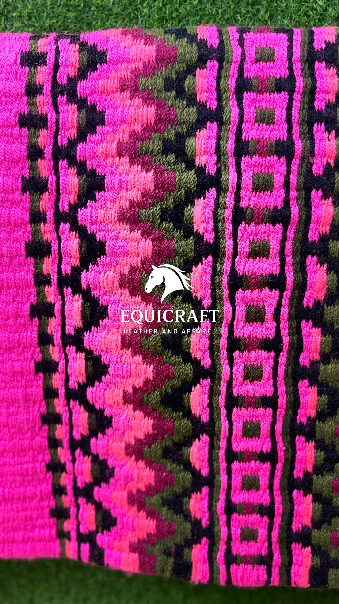 Hot Pink Olive Wool Western Saddle Blanket – Handmade Show Blanket | Horse Pad Barrel Racing Rodeo Tack SIZE 36X42