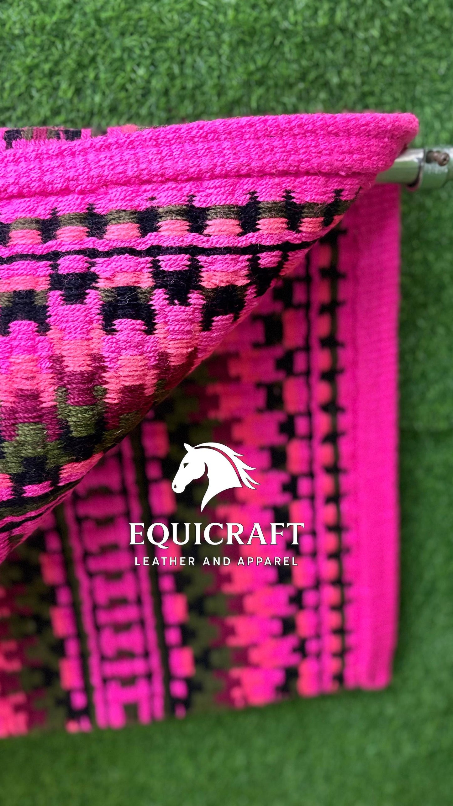 Hot Pink Olive Wool Western Saddle Blanket – Handmade Show Blanket | Horse Pad Barrel Racing Rodeo Tack SIZE 36X42