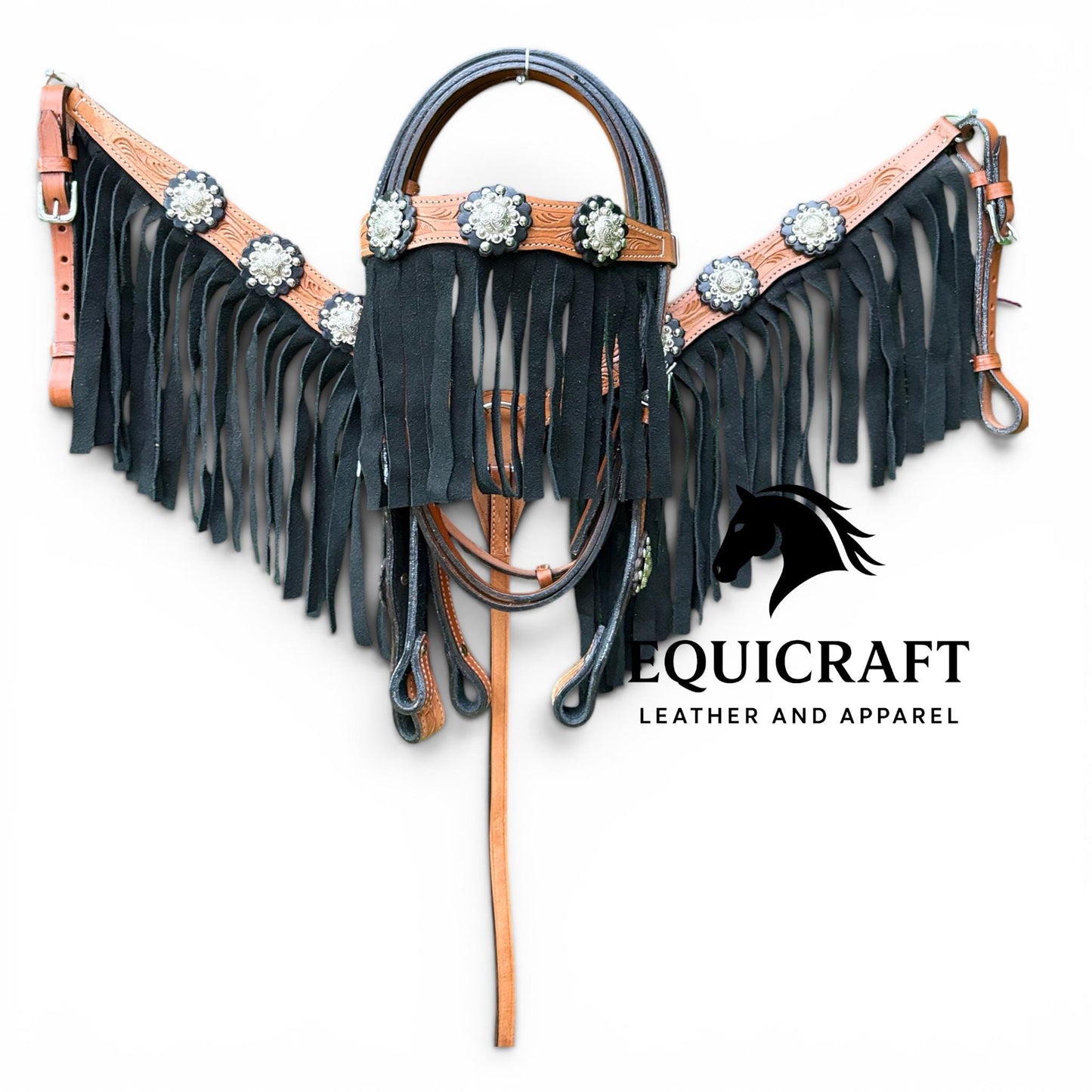 Tan Black Fringe Western Headstall & Breast Collar Set – Silver Concho Tooled Horse Tack | Barrel Racing Rodeo Gear