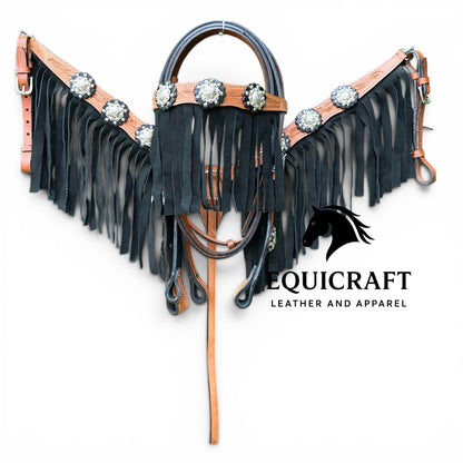 Tan Black Fringe Western Headstall & Breast Collar Set – Silver Concho Tooled Horse Tack | Barrel Racing Rodeo Gear
