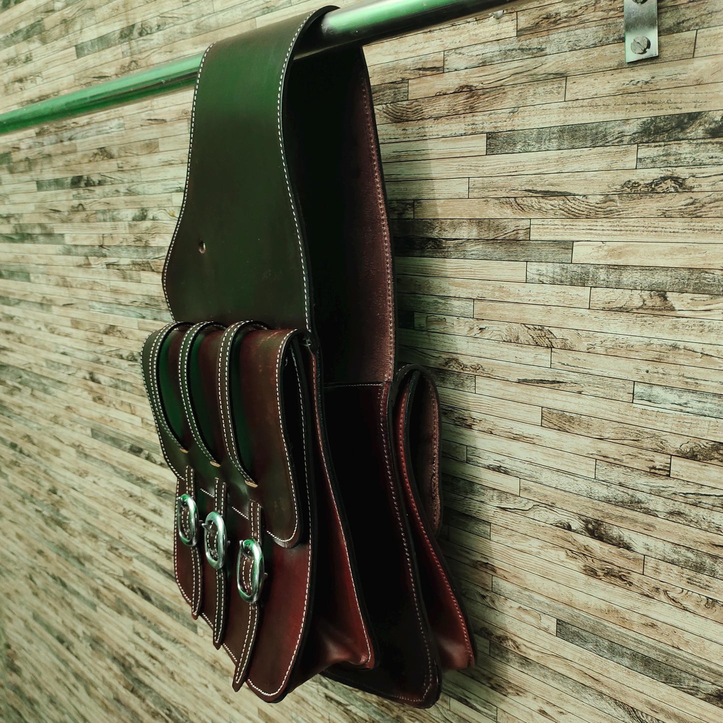 Dark Brown Oiled Leather Western Saddle Bag – Double Buckle Large Horse Trail Bag | Brass Hardware Cowboy Tack
