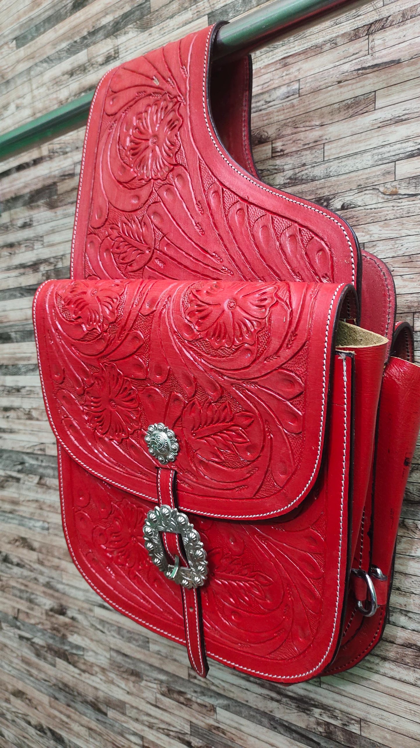 Red Floral Tooled Leather Western Saddle Bag – Silver Concho Single Buckle Horse Trail Bag | Cowboy Riding Tack
