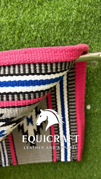 Western Saddle Blanket | Gray Pink Black Blue Wool Pad | Hand-Woven Southwestern Horse Saddle Blanket | Equestrian Gift SIZE 34X34