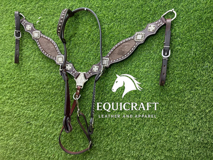 Hairon Western Leather One Ear Headstall & Breast Collar Set – Horse Tack | Cowboy Riding Gear | Rodeo Trail Barrel Racing
