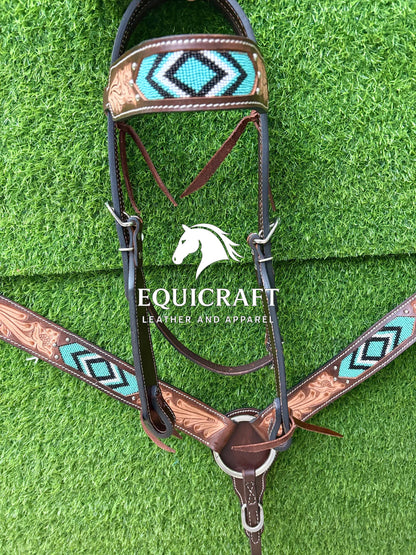 Turquoise Beaded Western Headstall & Breast Collar Set – Aztec Diamond Tooled Leather Horse Tack | Barrel Racing Rodeo