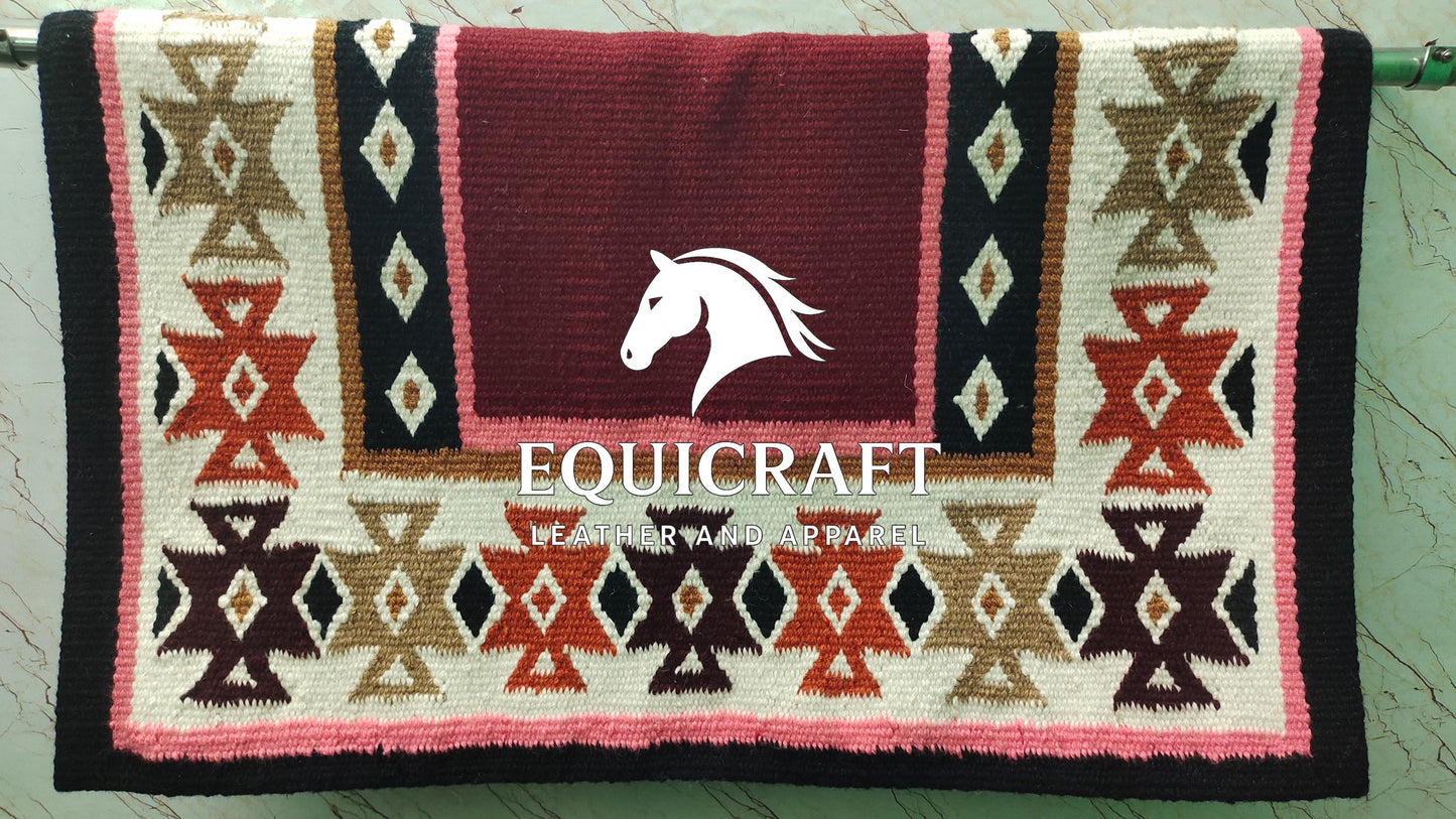 Burgundy Pink Wool Western Saddle Blanket – Aztec Cross Diamond Show Blanket | Horse Pad Barrel Racing Rodeo Tack