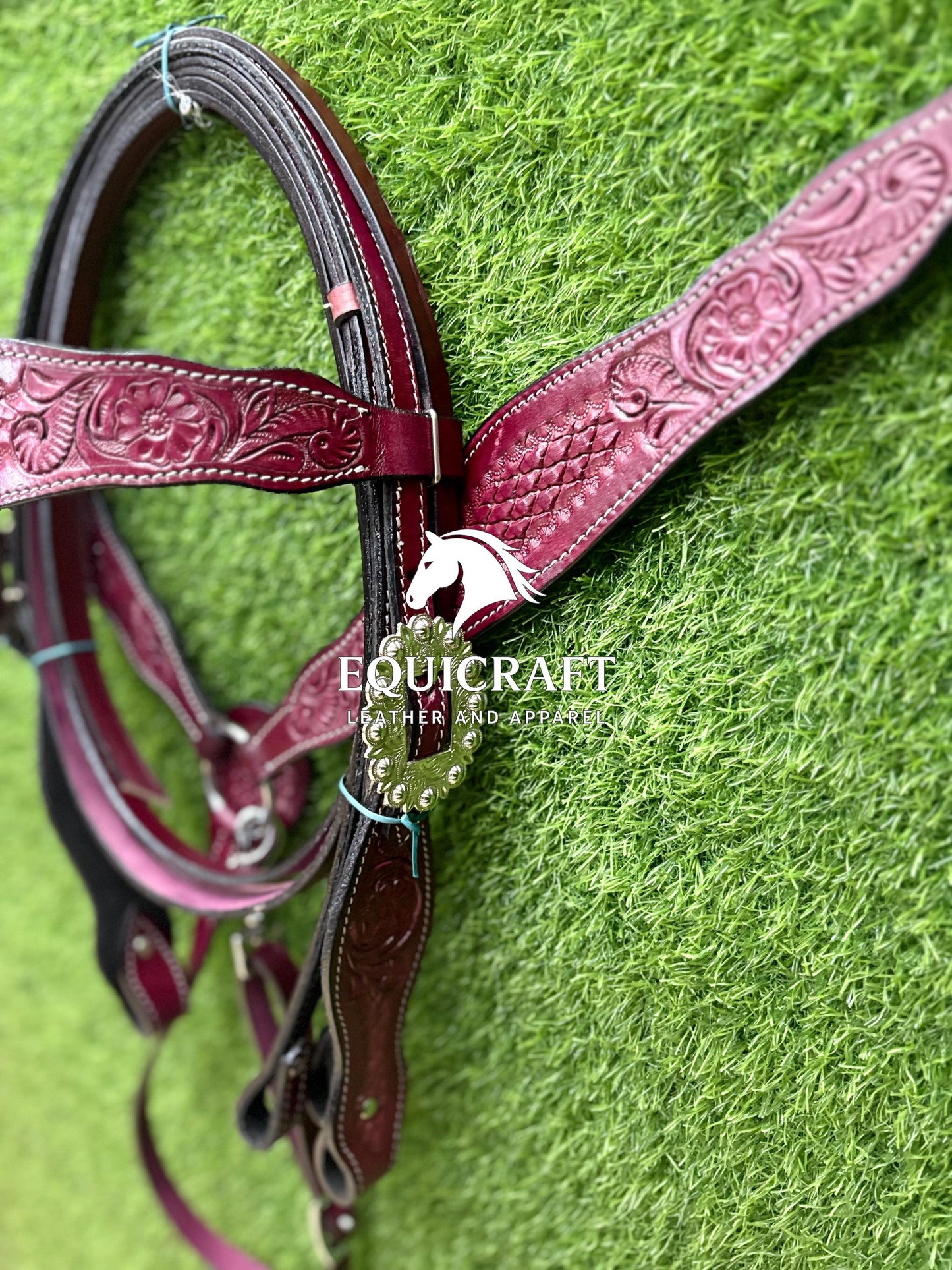 Burgundy Tooled Leather Western Headstall & Breast Collar Set – Silver Concho Horse Tack | Barrel Racing Rodeo Gear