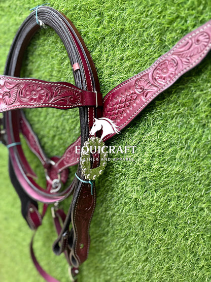 Burgundy Tooled Leather Western Headstall & Breast Collar Set – Silver Concho Horse Tack | Barrel Racing Rodeo Gear