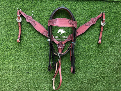 Pink Rose Tooled Leather Western Headstall & Breast Collar Set – Silver Buckle Horse Tack | Barrel Racing Rodeo Gear
