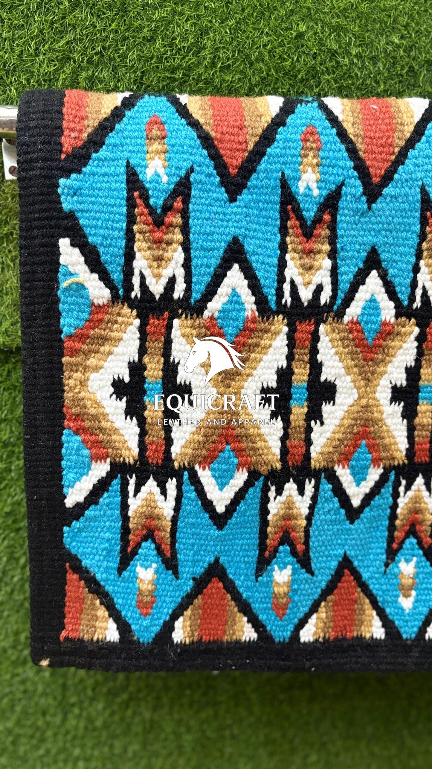 Turquoise Red Gold Wool Western Saddle Blanket – Aztec Chevron Show Blanket | Horse Pad Barrel Racing Rodeo Tack