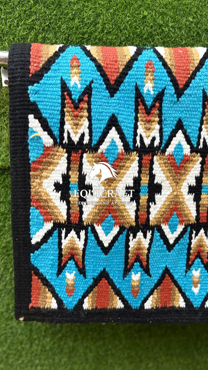 Turquoise Red Gold Wool Western Saddle Blanket – Aztec Chevron Show Blanket | Horse Pad Barrel Racing Rodeo Tack