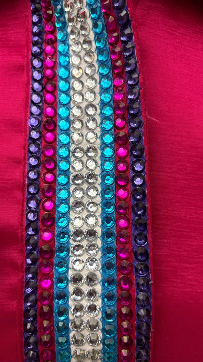 Womens Western Show Shirt | Hot Pink Multicolor Striped Rhinestone Showmanship Shirt | Ladies Rodeo Queen Blouse | Horse Show Shirt