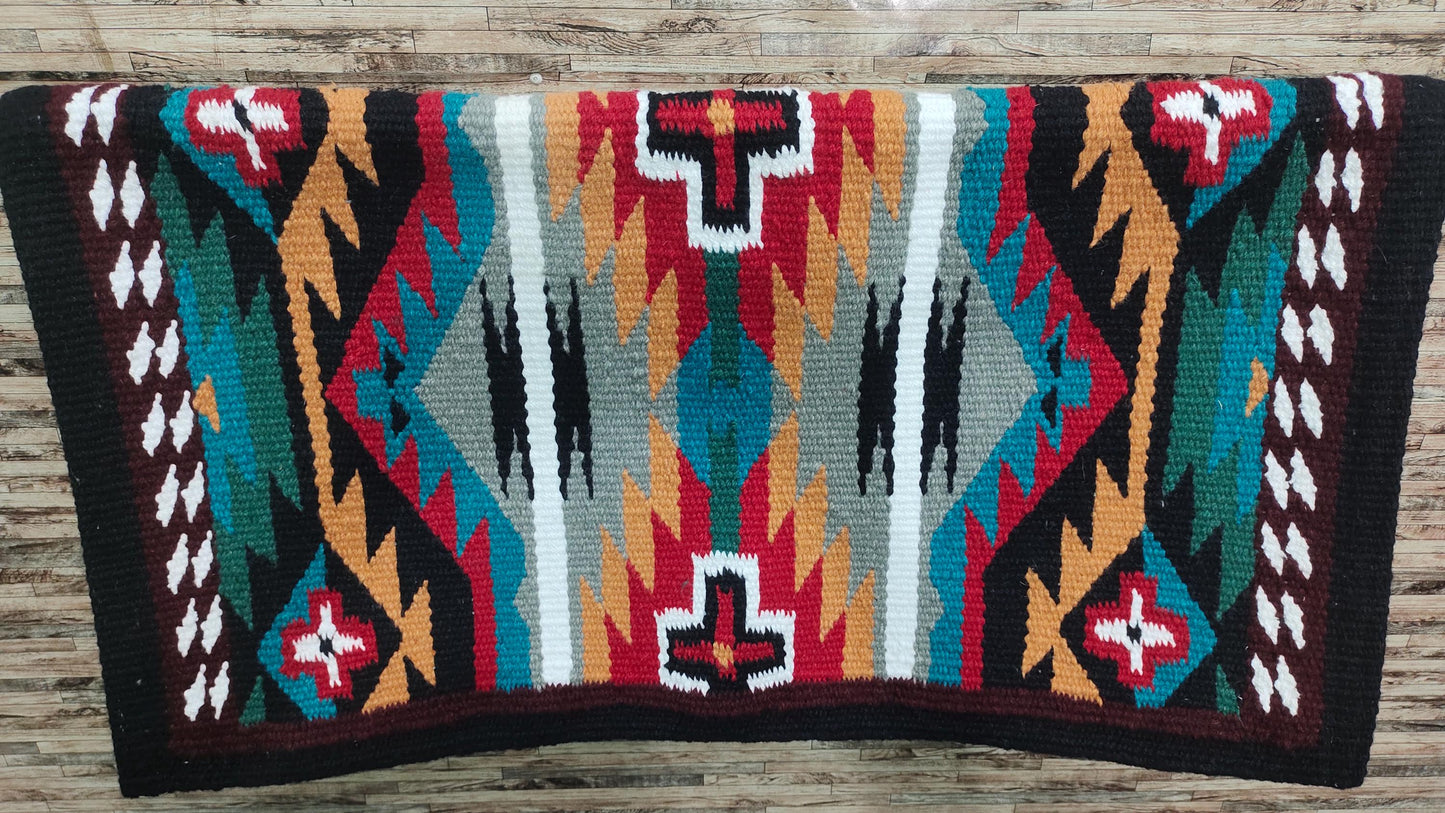 Multicolor Wool Western Saddle Blanket – Aztec Cross Show Blanket | Horse Pad Barrel Racing Rodeo Ranch Tack