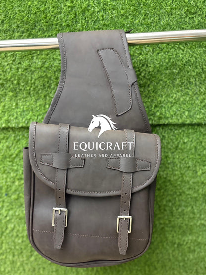Dark Brown Crazy Horse Leather Saddle Bag – Double Buckle Western Trail Bag | Rustic Cowboy Riding Tack