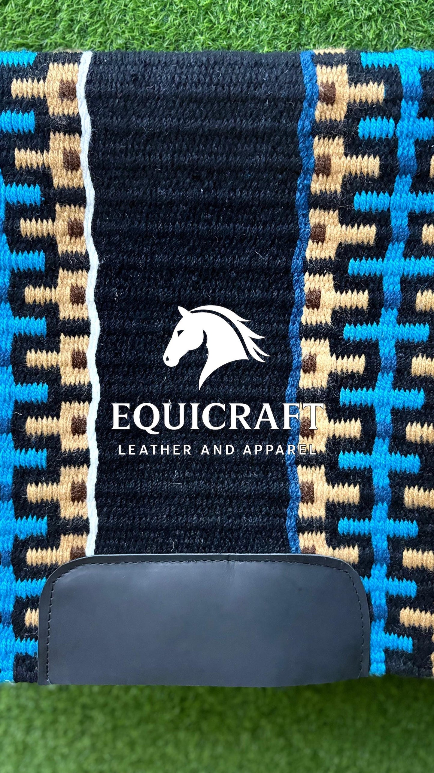 Aztec Western Show Saddle Pad | Black Turquoise Tan Wool Blanket | Hand-Woven Southwestern Horse Saddle Pad | Trail Pad Equestrian Gift