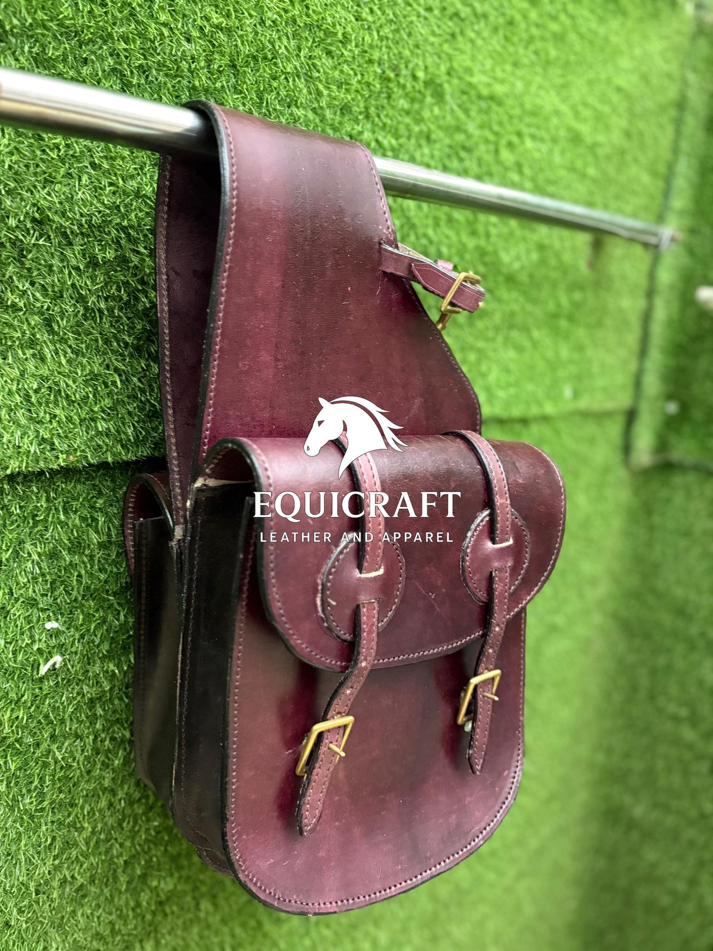 Burgundy Leather Western Saddle Bag – Double Ring Buckle Horse Trail Bag | Brass Hardware Cowboy Riding Tack