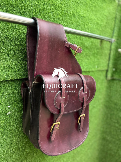 Burgundy Leather Western Saddle Bag – Double Ring Buckle Horse Trail Bag | Brass Hardware Cowboy Riding Tack
