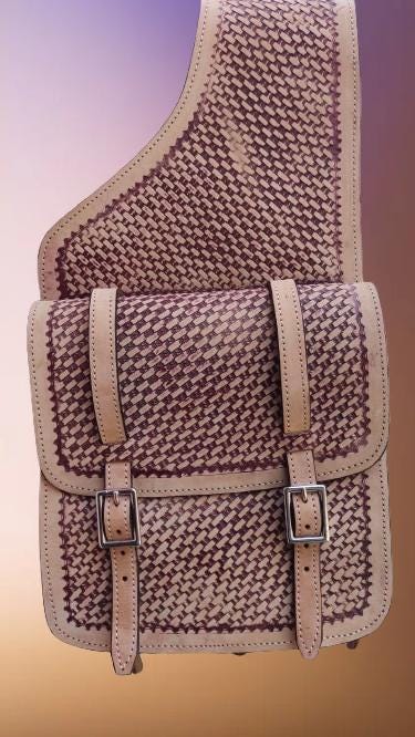 Cream & Brown Woven Leather Western Saddle Bag – Two Tone Braided Horse Trail Bag | Double Buckle Cowboy Tack