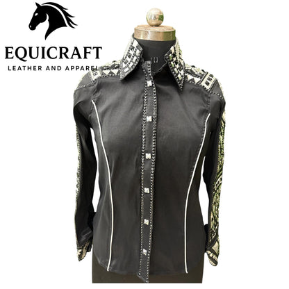 Black Crystal Western Show Shirt – Women's Rodeo Queen Equestrian Top | Rhinestone Showmanship Horsemanship Apparel