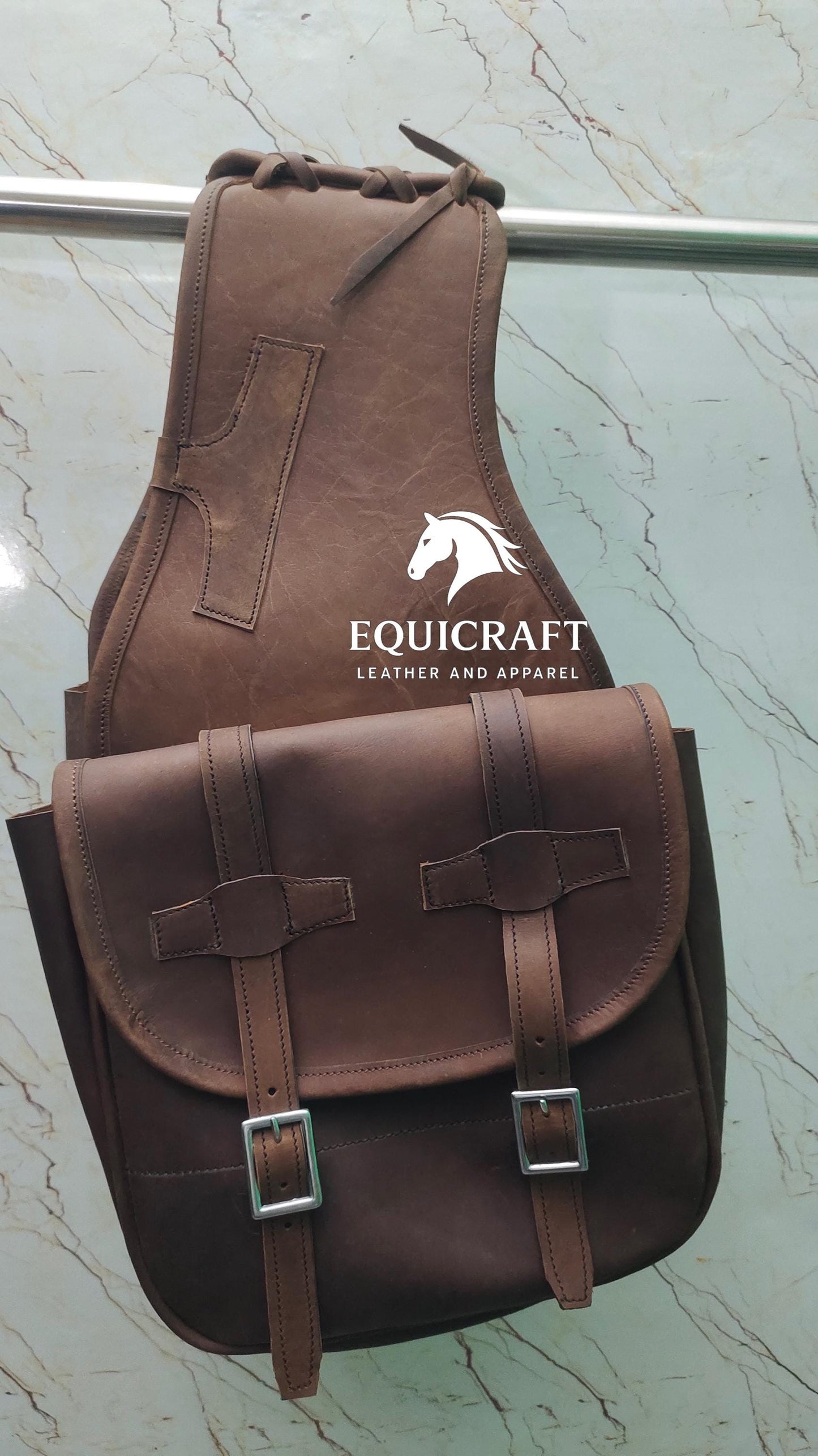 Brown Crazy Horse Leather Western Saddle Bag – Double Buckle Rustic Horse Trail Bag | Braided Top Cowboy Tack
