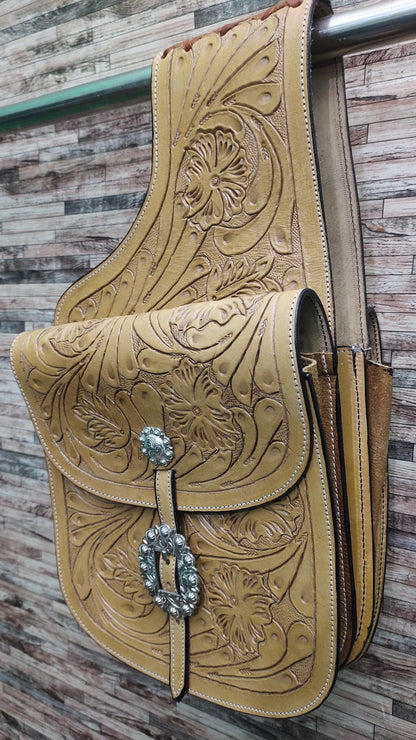 Natural Tan Floral Tooled Leather Western Saddle Bag – Silver Concho Buckle Horse Trail Bag | Cowboy Riding Tack