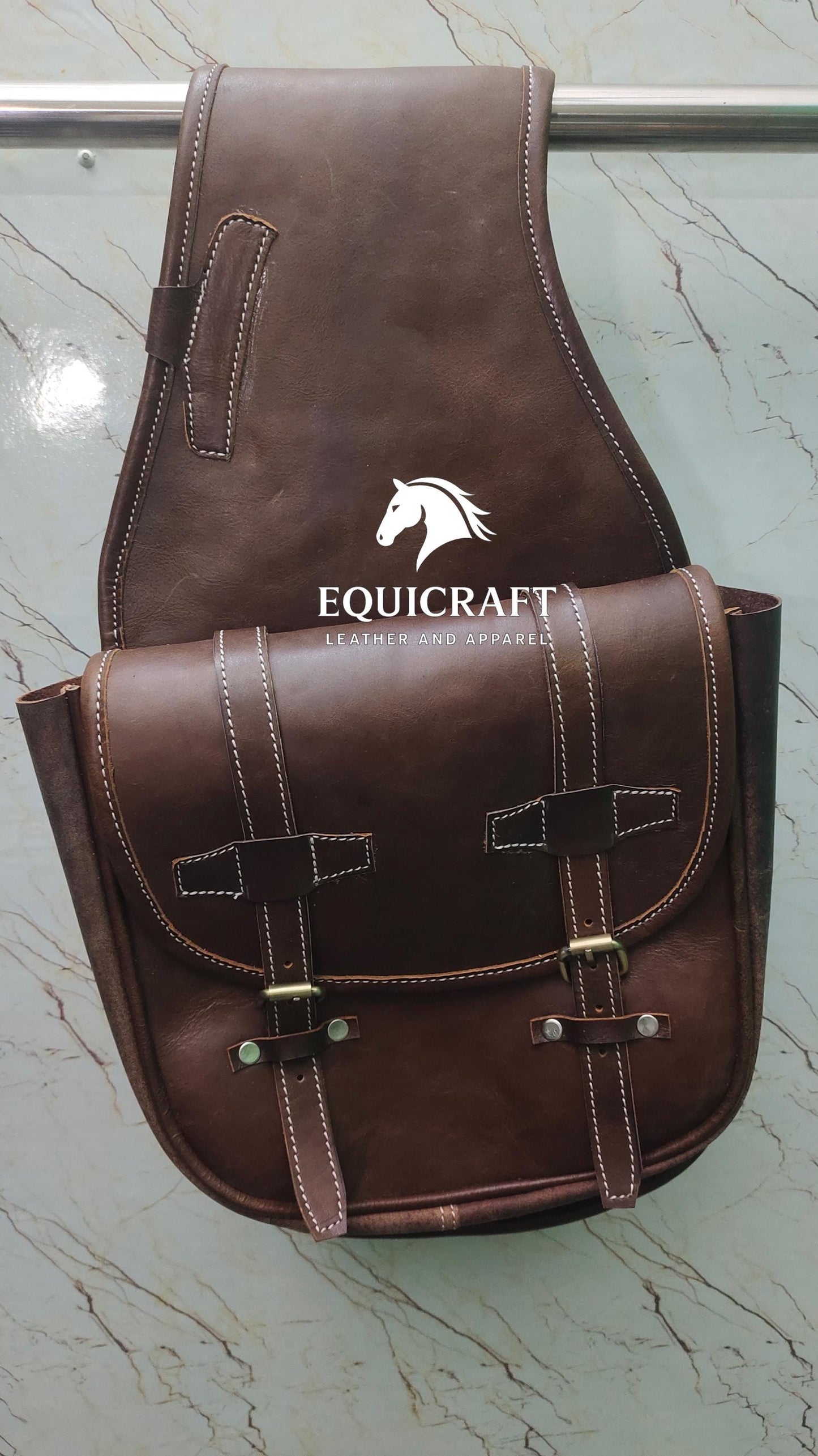 Dark Brown Oiled Leather Western Saddle Bag – Double Buckle Large Horse Trail Bag | Brass Hardware Cowboy Tack