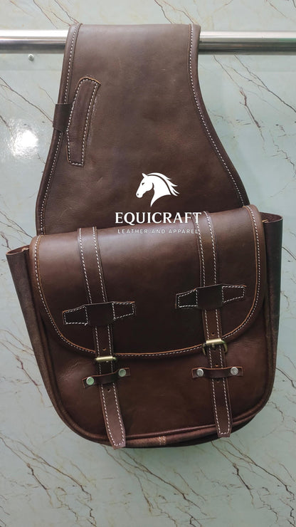 Dark Brown Oiled Leather Western Saddle Bag – Double Buckle Large Horse Trail Bag | Brass Hardware Cowboy Tack