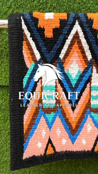Western Saddle Blanket | Black Orange Peach Teal Wool Pad | Hand-Woven Southwestern Horse Saddle Blanket | Colorful Show Pad Equestrian Gift