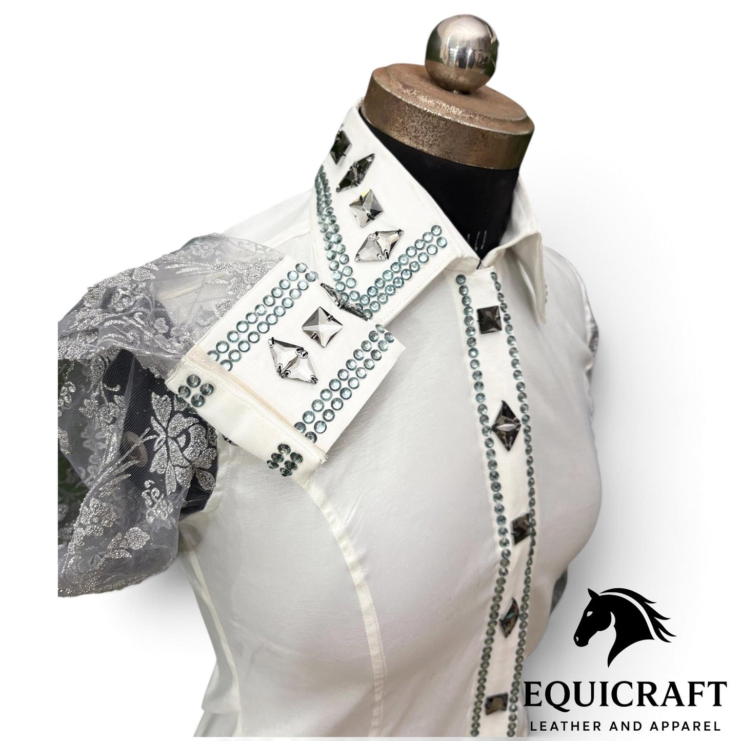White Ivory Show Shirt, Lace Sleeve Rhinestone Bling, Smoke Crystal Horse Show Top, Western Showmanship Shirt
