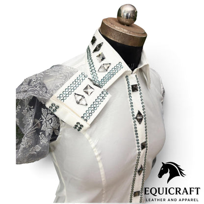 White Ivory Show Shirt, Lace Sleeve Rhinestone Bling, Smoke Crystal Horse Show Top, Western Showmanship Shirt