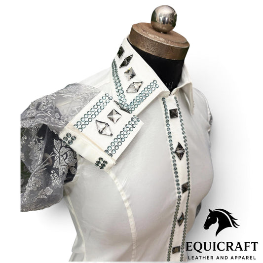 White Ivory Show Shirt, Lace Sleeve Rhinestone Bling, Smoke Crystal Horse Show Top, Western Showmanship Shirt