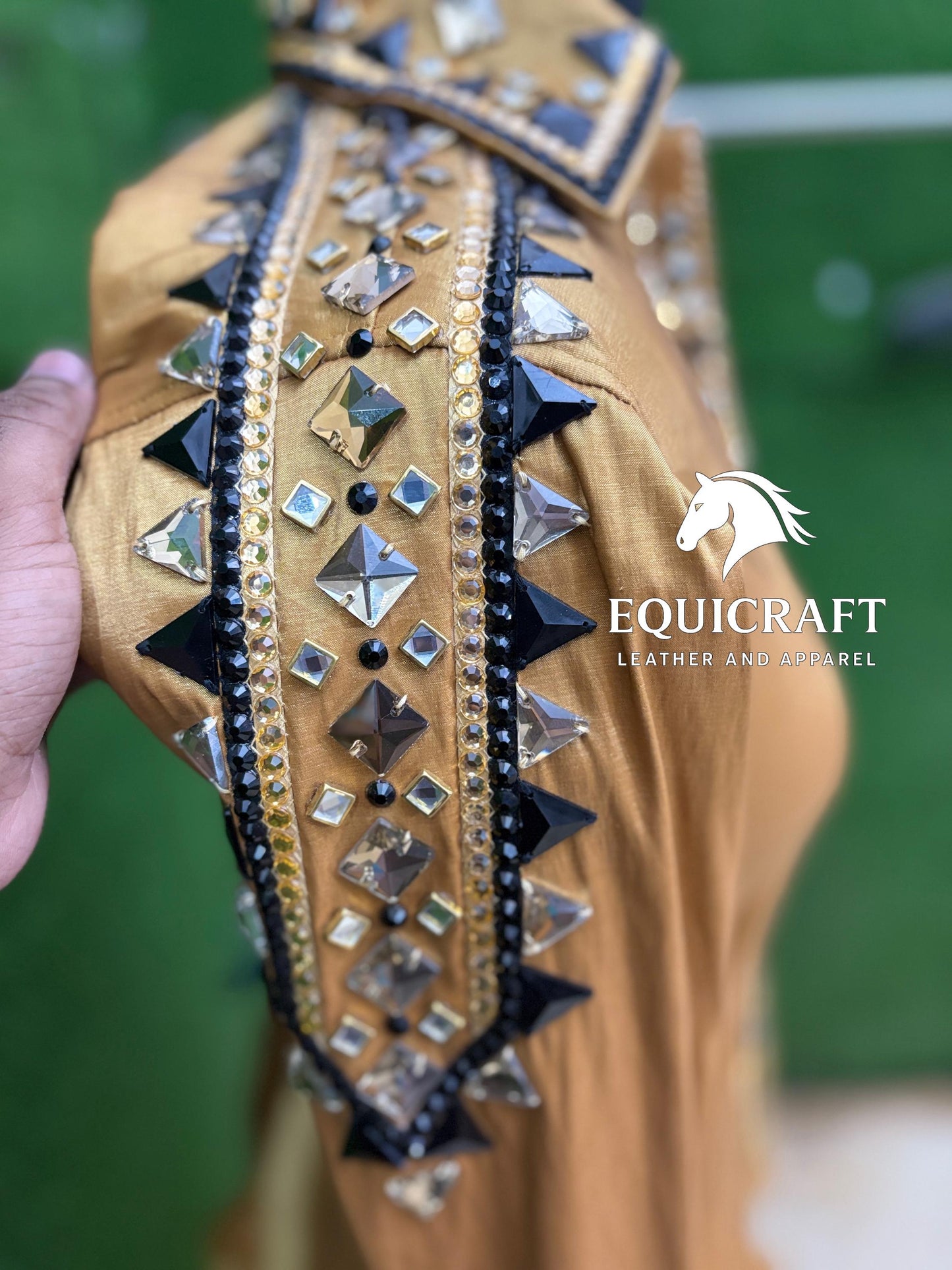 Womens Western Show Shirt | Gold Champagne Black Mirror Rhinestone Showmanship Shirt | Ladies Rodeo Queen Blouse | Horse Show Shirt