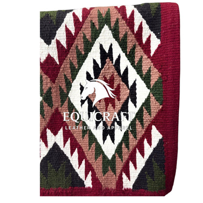 Burgundy Green Wool Western Saddle Blanket – Aztec Diamond Show Blanket | Horse Pad Barrel Racing Rodeo Ranch Tack