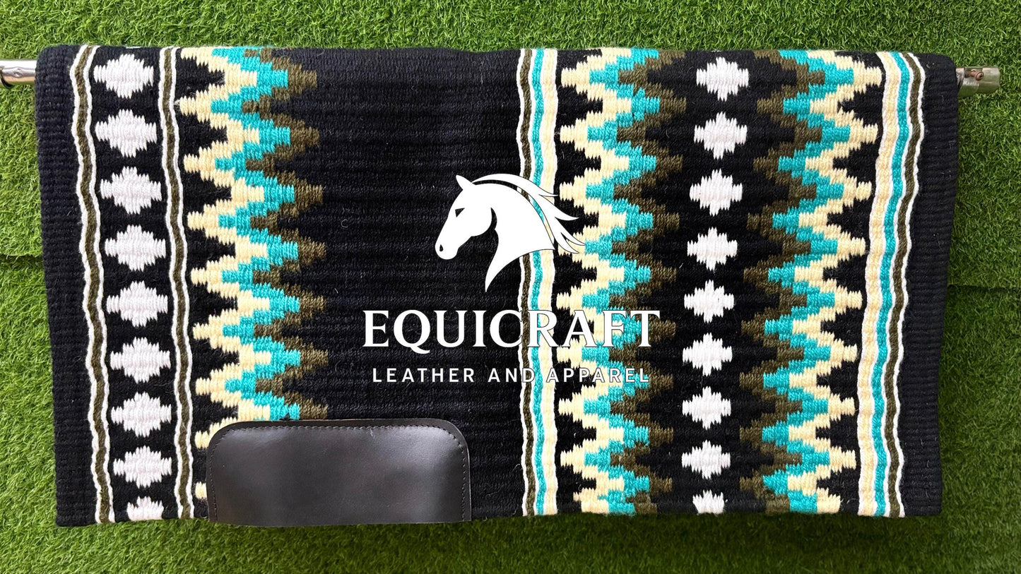 Western Show Saddle Pad | Black Turquoise Olive Cream Wool Blanket | Hand-Woven Southwestern Horse Saddle Pad | Show Trail Pad