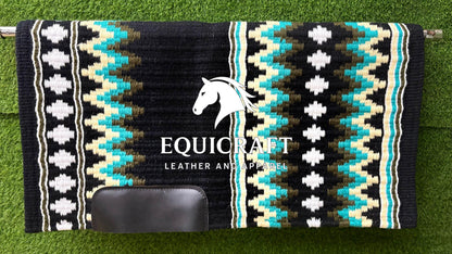 Western Show Saddle Pad | Black Turquoise Olive Cream Wool Blanket | Hand-Woven Southwestern Horse Saddle Pad | Show Trail Pad