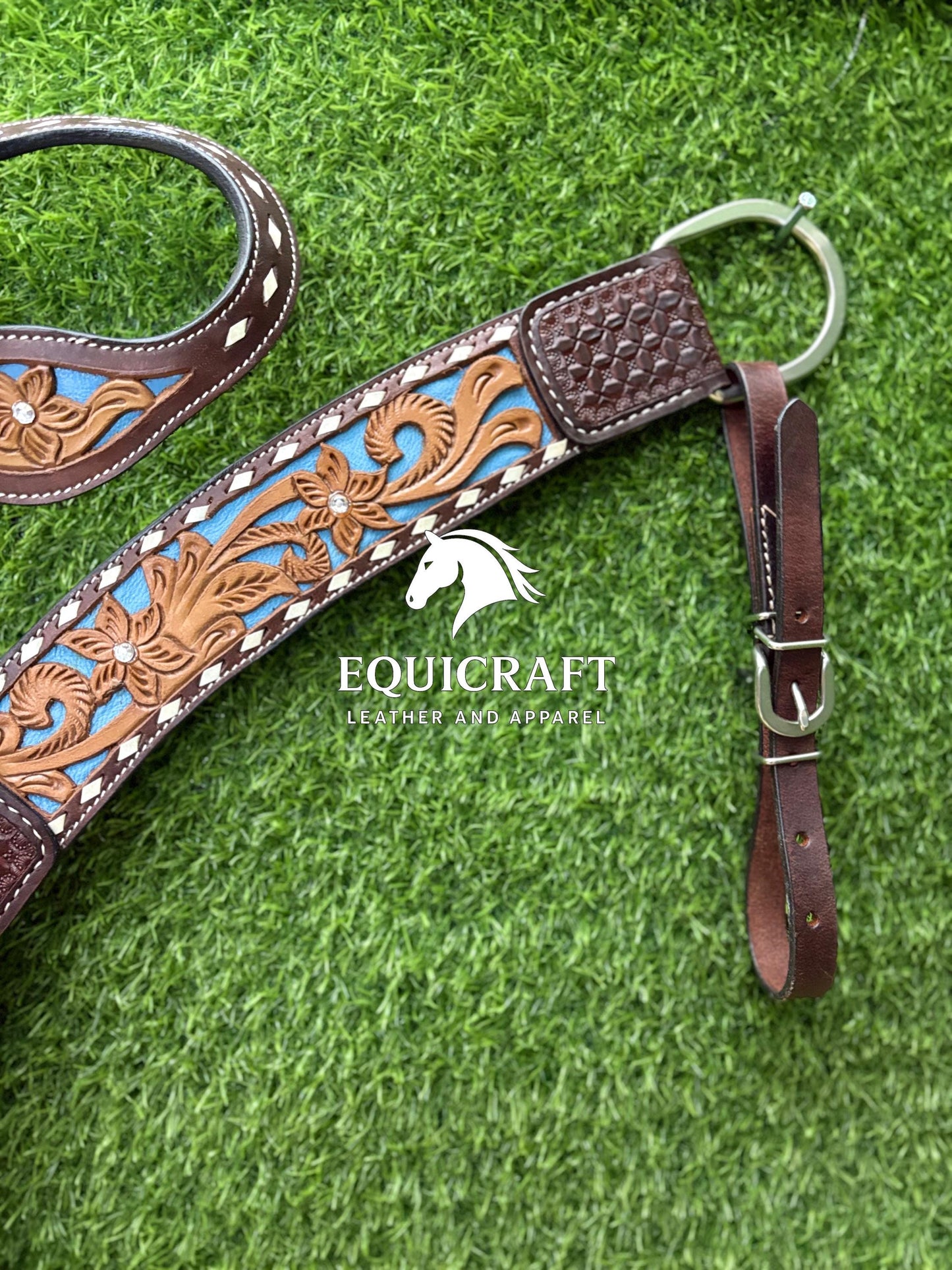 Two Tone Turquoise Inlay Tooled Leather One Ear Headstall and Breast Collar – Floral Carved Western Horse Tack | Barrel Racing Rodeo Gear