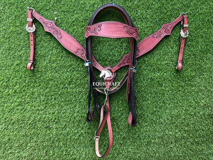 Pink Rose Tooled Leather Western Headstall & Breast Collar Set – Silver Buckle Horse Tack | Barrel Racing Rodeo Gear