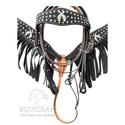Black Fringe Studded Western Headstall & Breast Collar Set – Crossed Guns Concho Horse Tack | Barrel Racing Rodeo Gear